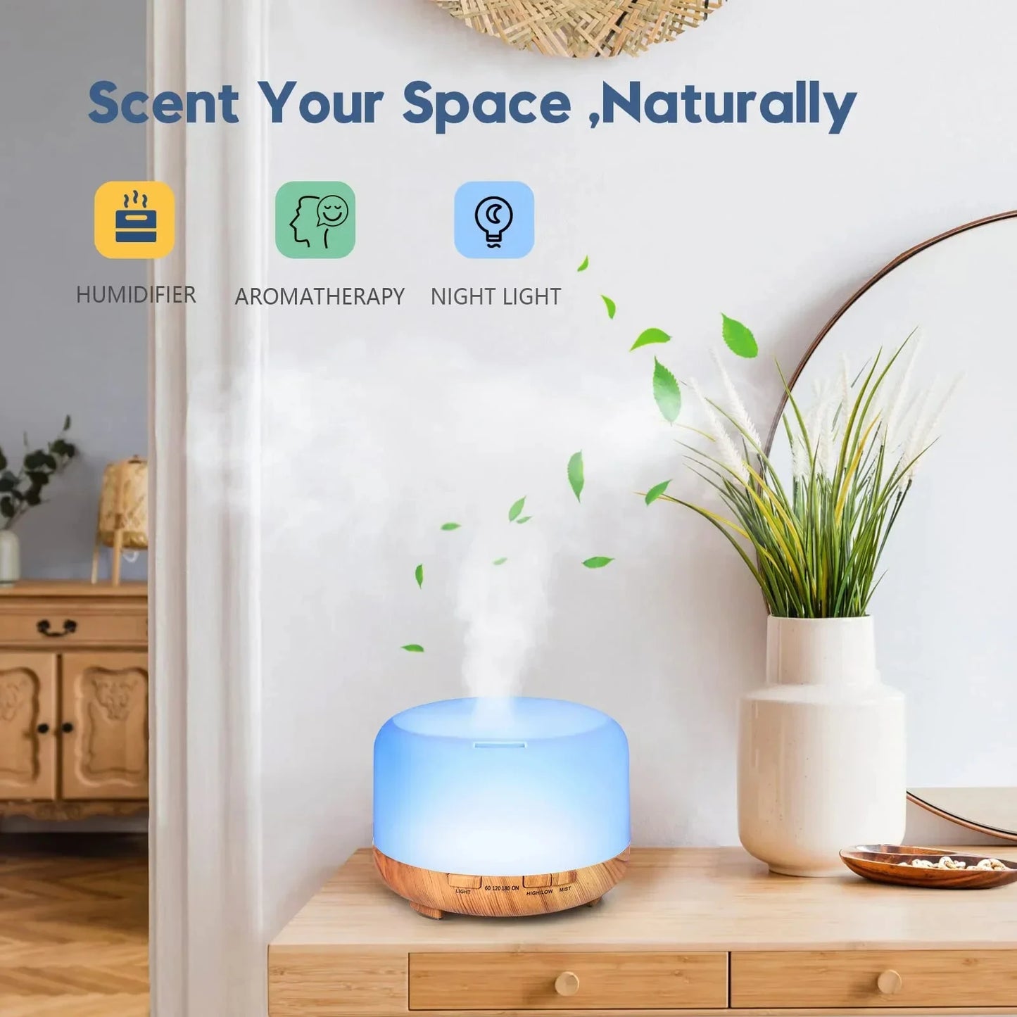Air Humidifier & Essential Oil Diffuser – 500ML Ultrasonic Cool Mist with LED Lamp