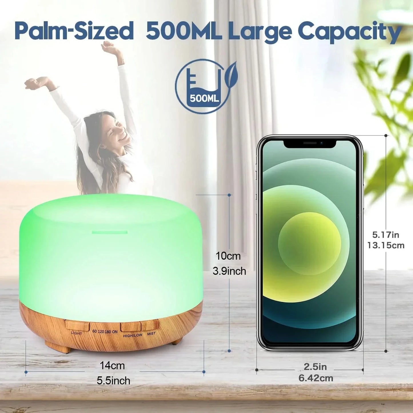 Air Humidifier & Essential Oil Diffuser – 500ML Ultrasonic Cool Mist with LED Lamp