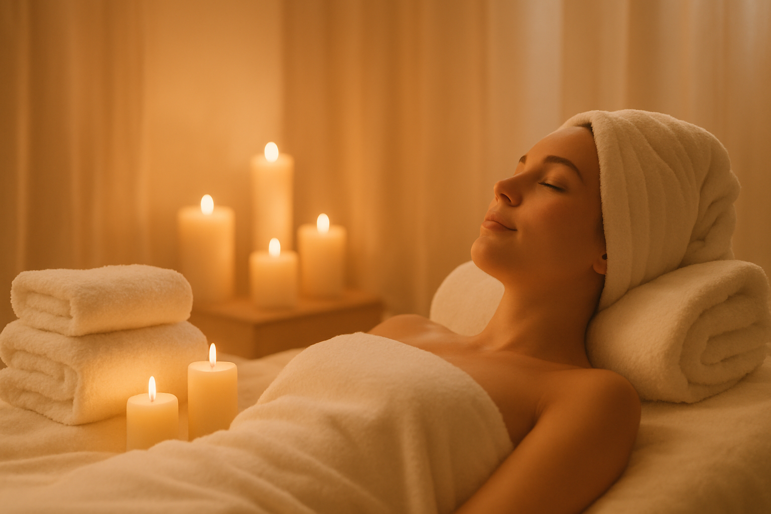a soft, warm image — for example:
a person relaxing in A calm spa scene (towels, candles, soft lighting).