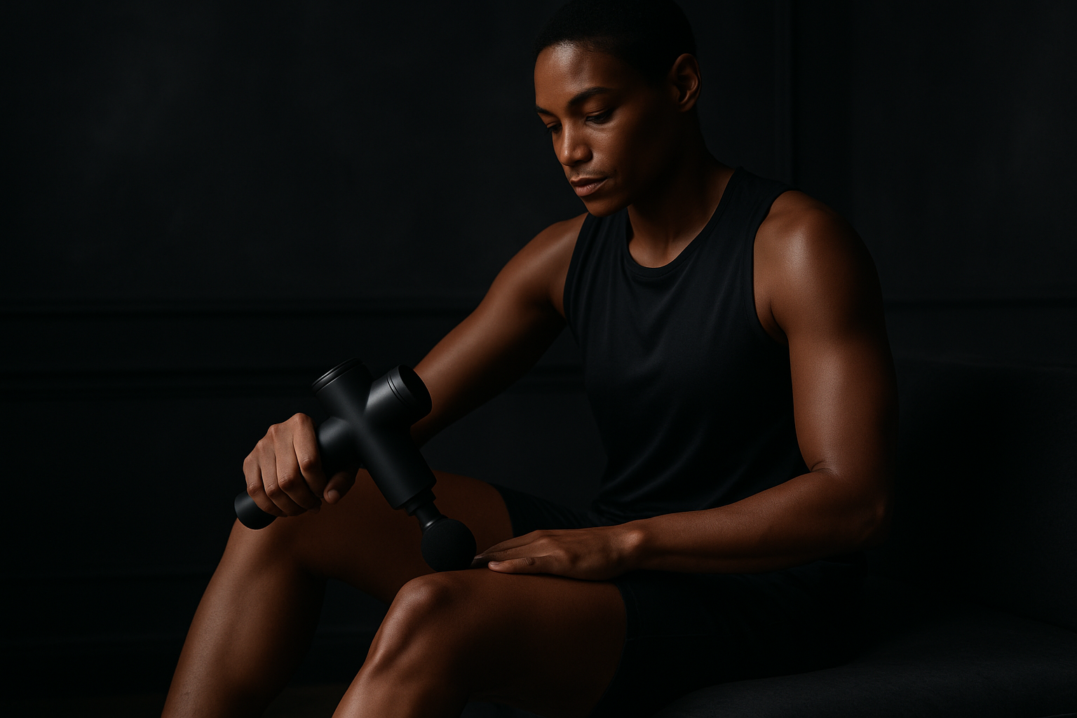 A strong lifestyle image — someone using a massage gun or relaxing post-workout in a dark, elegant background.